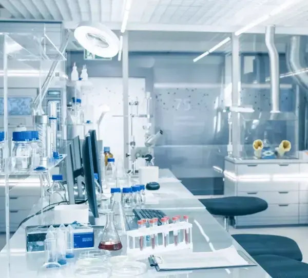 Modernes Labor mit mehreren Reagenzgläsern, Flaschen, Computermonitoren und Laborstühlen auf weißen Arbeitstischen.