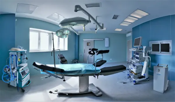 Operationssaal mit OP-Tisch, mehreren Monitoren, medizinischen Geräten und Decken-OP-Leuchten in einem hellen Raum.