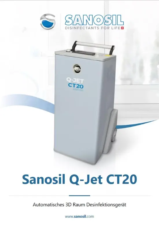 Hellgraues, rechteckiges Desinfektionsgerät mit Griff und zwei Rädern, beschriftet mit 'Q-JET CT20'.
