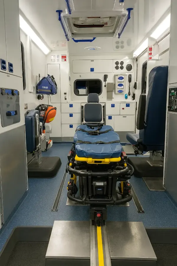 Innenraum eines Rettungswagens mit Liege in der Mitte, Sitzplätzen an den Seiten und medizinischer Ausrüstung an den Wänden.