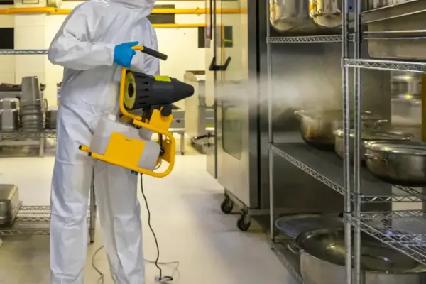 Person in weißem Schutzanzug und blauen Handschuhen sprüht Desinfektionsmittel mit gelbem Gerät auf Metallregal in Industrieumgebung.