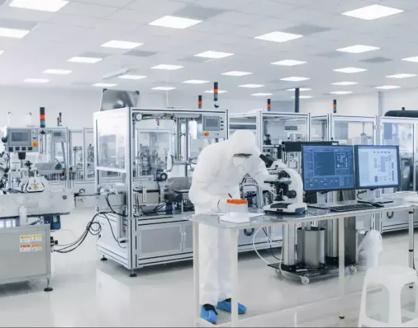 Laborant in weißem Schutzanzug arbeitet an einem Mikroskop in einem modernen Labor mit mehreren Monitoren und technischen Geräten.