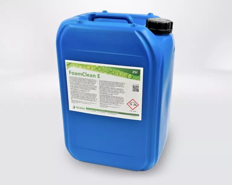 Blauer 25-Liter-Kunststoffkanister mit schwarzem Schraubverschluss und Etikett 'FoamClean E'.