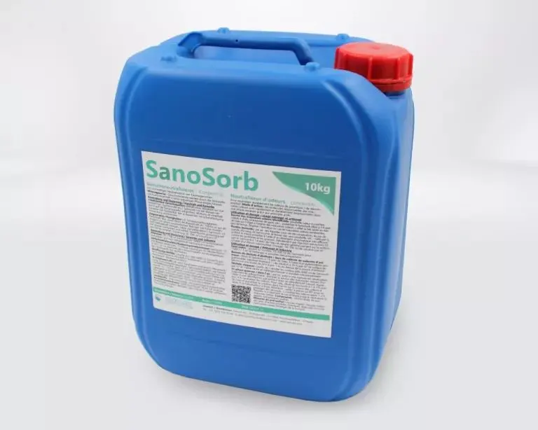 Blauer 10-Kilogramm-Kanister mit rotem Schraubverschluss und Etikett 'SanoSorb concentrate'