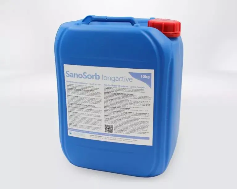 Blauer 10-Kilogramm-Kanister mit rotem Schraubverschluss und Etikett 'SanoSorb longactive'